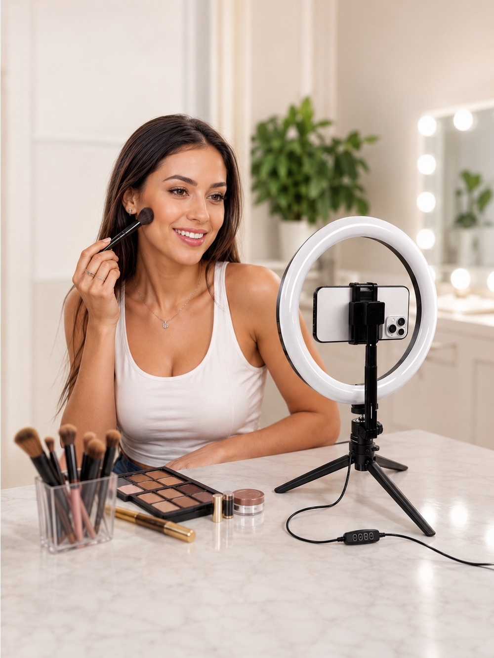 Portable White LED Ring Light with Tripod Phone Mount